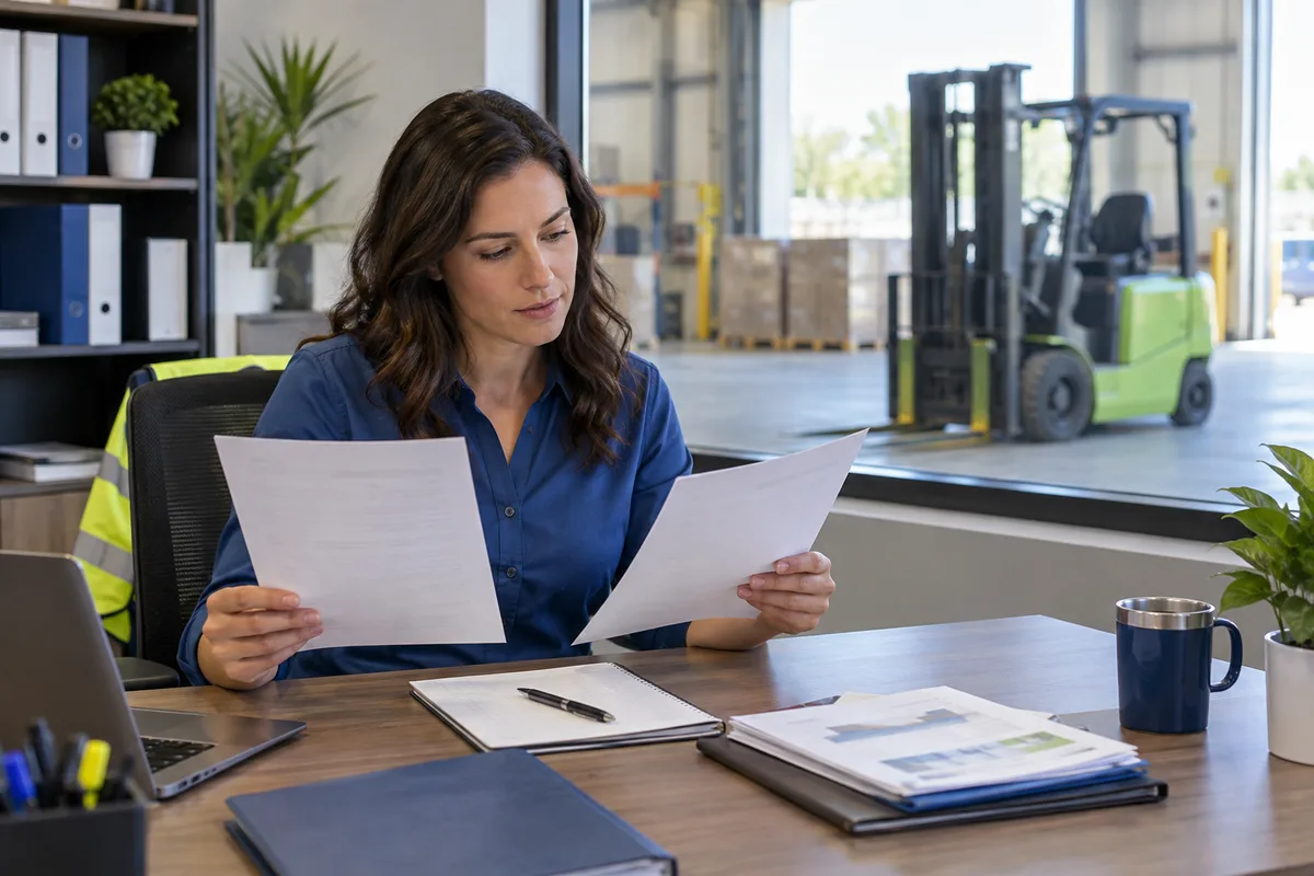 Purchasing manager reviewing forklift equipment proposals