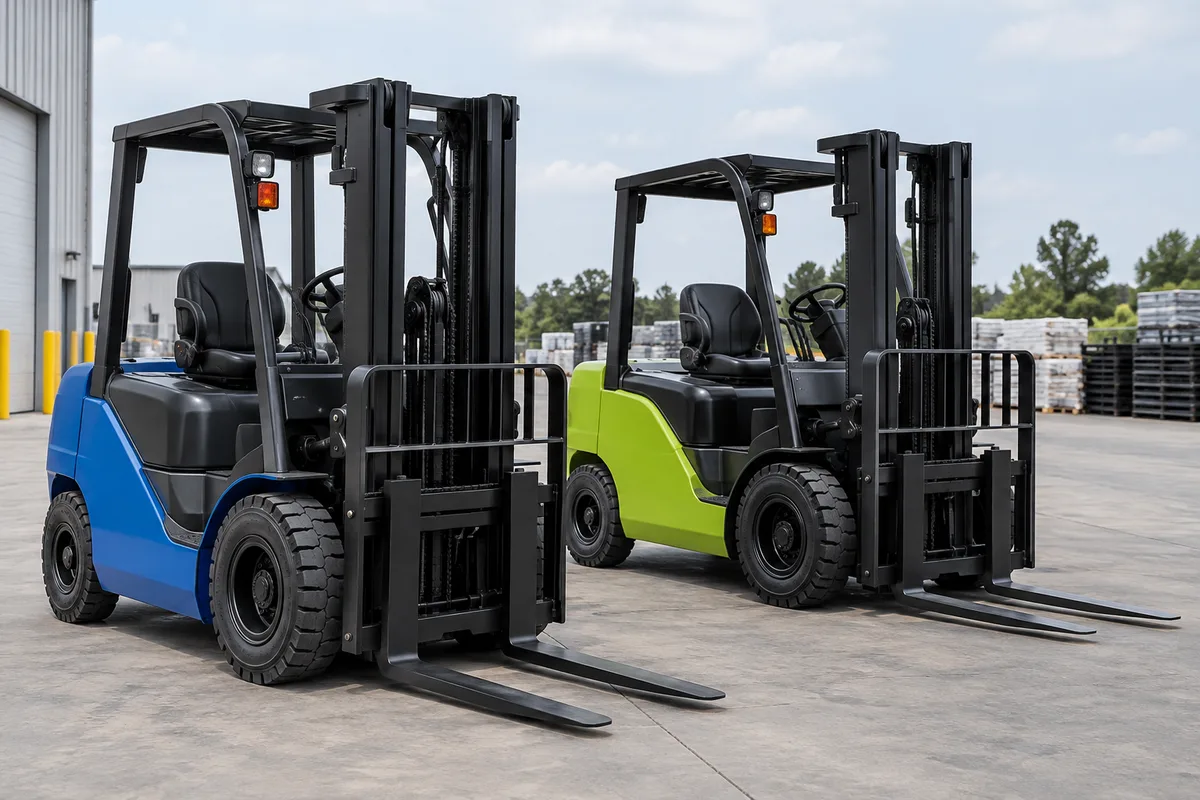 Two forklifts parked in an industrial equipment yard