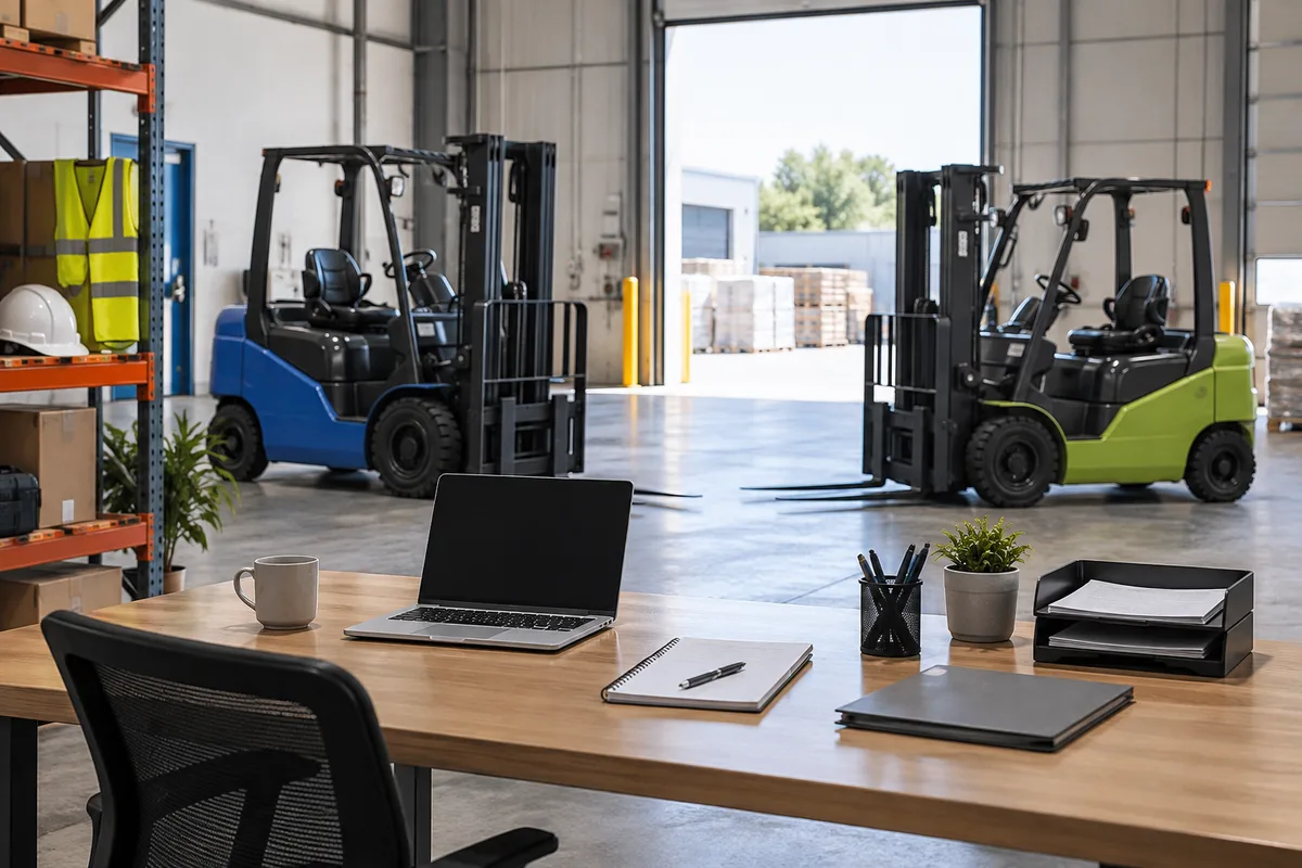 Equipment proposal desk with two parked forklifts in the background