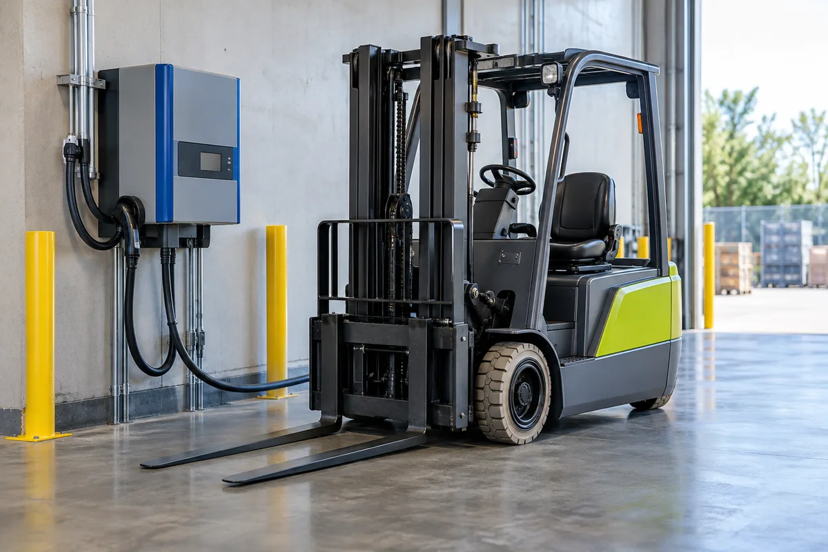 Parked electric forklift beside an industrial charging station
