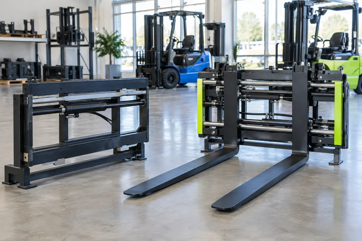 Forklift attachments displayed for an equipment cost comparison