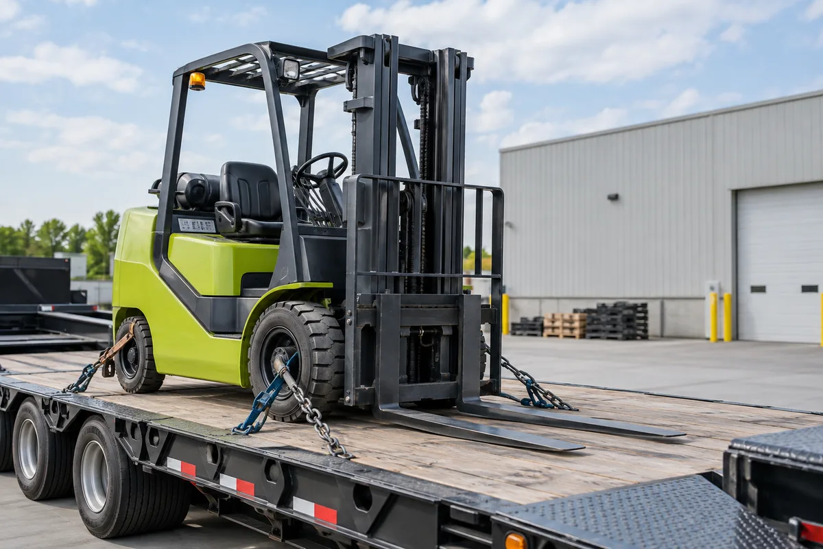 Forklift secured on an equipment transport truck