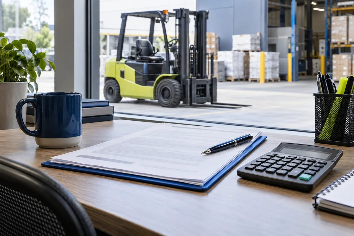 Forklift lease paperwork and calculator on a warehouse office desk