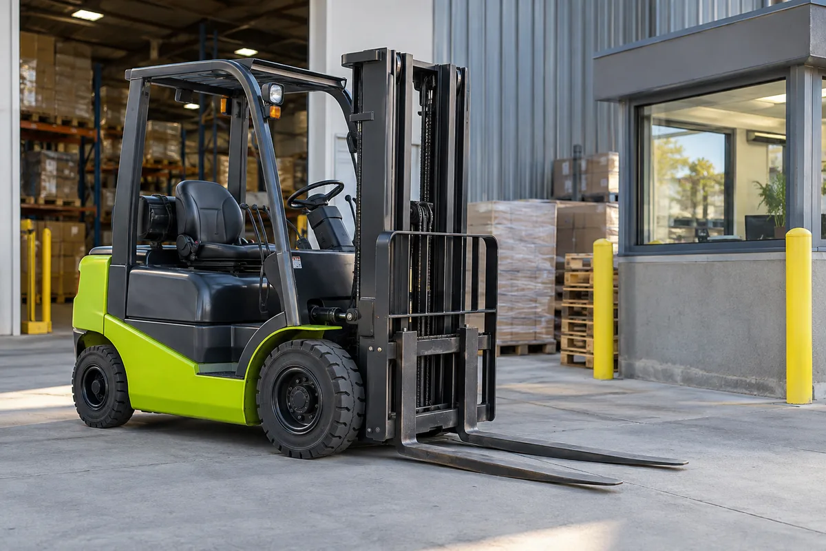 Parked rental forklift beside pallets and a dispatch office