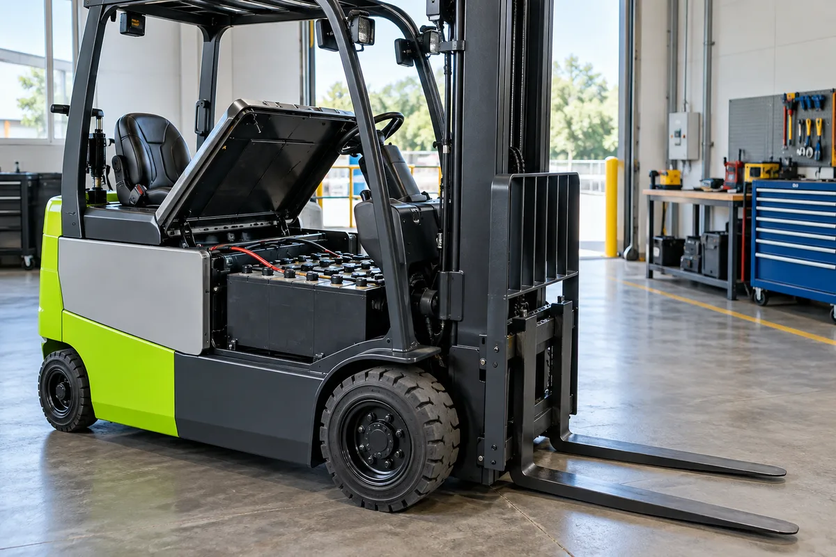 Electric forklift battery compartment in a service bay