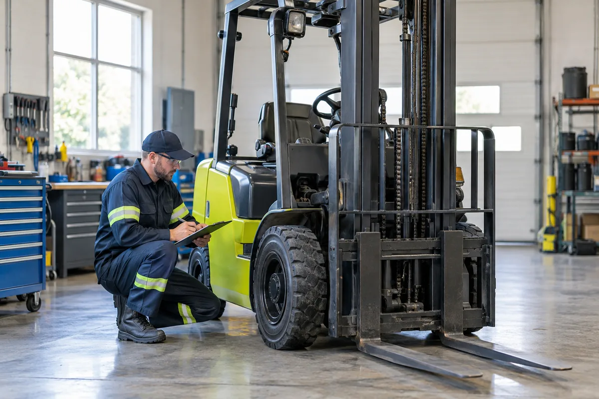 Technician inspecting a stationary forklift in a workshop